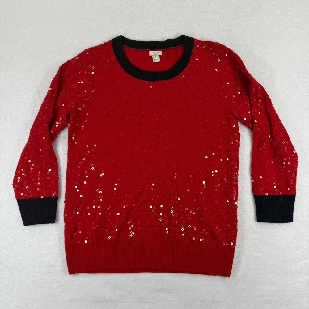 J. Crew Red Sequin Crewneck Sweater Long‎ Sleeve Women's Size Medium